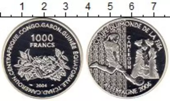 Монета 1000 франков Камеруна 2004 года Серебро Чемпионат мира по футболу 2006