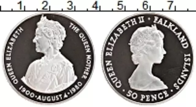 Монета 50 пенсов Фолклендских островов 1980 года Серебро Королева Елизавета II и королева-мать