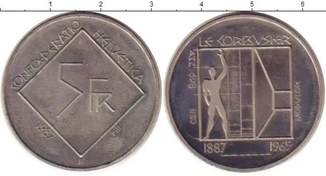 Монета 5 франков Швейцарии 1987 года Медно-никель Ле Корбуазье