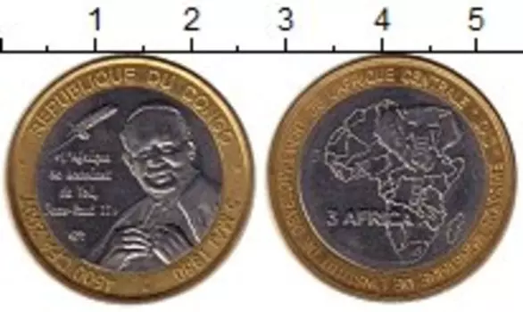 Монета 4500 франков Конго 2007 года Биметалл Визит Понтифика Иоанна Павла II