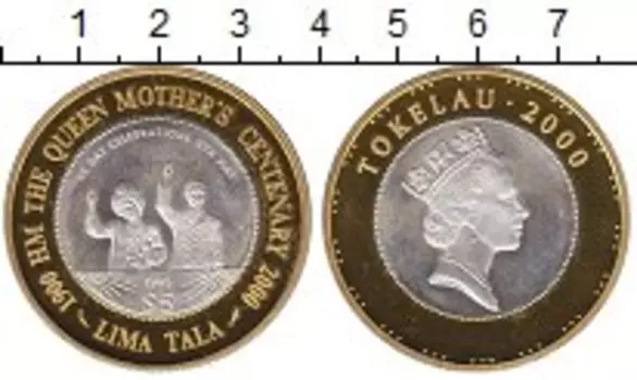 Монета 5 тала Токелау 2000 года Серебро 100 лет королеве-матери