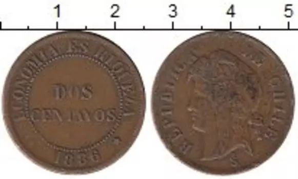 Монета 2 сентаво Чили 1886 года Медь