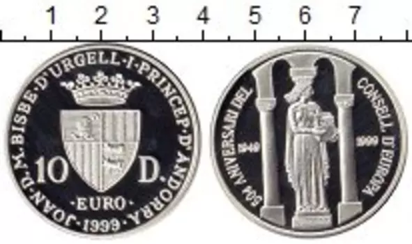 Монета 10 динерс Андорры 1999 года Серебро 50 - летие Евросоюза