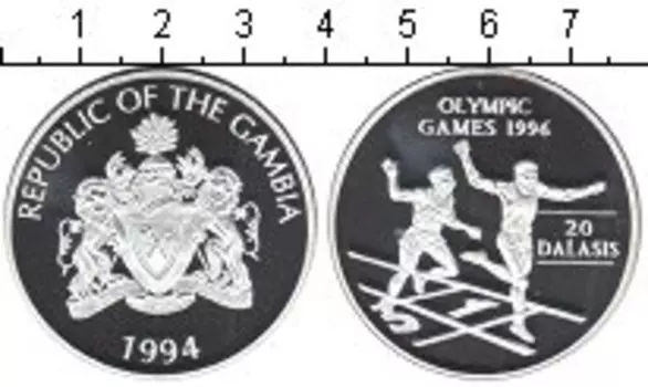 Монета 20 даласи Гамбии 1994 года Серебро Олимпийские игры 1996