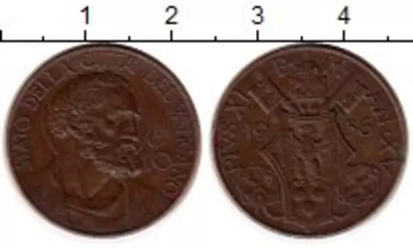 Монета 10 сентесим Ватикана 1936 года Бронза Пий XI