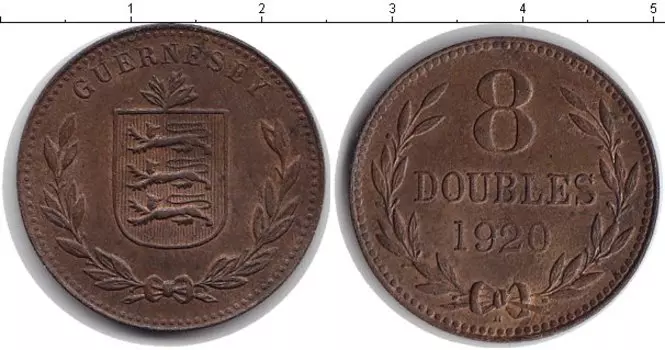 Монета 8 дублей Гернси 1920 года Медь