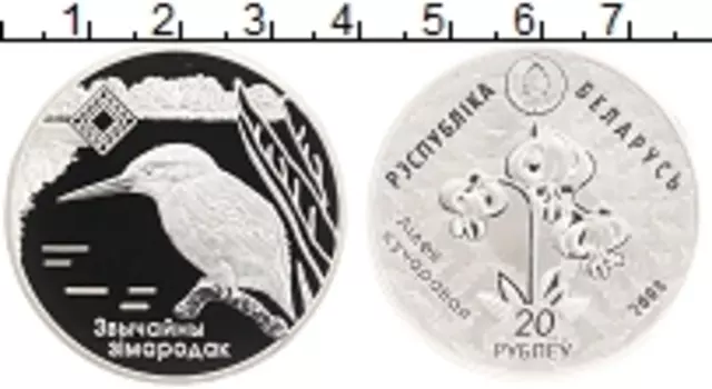 Монета 20 рублей Беларусии 2001 года Серебро Зимородок