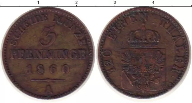 Монета 3 пфеннига Пруссии 1860 года Медь А