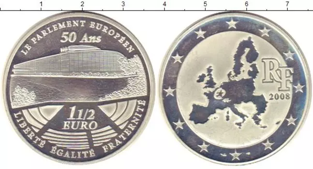 Монета 1/2 евро Франции 2008 года Серебро 50 лет Европарламенту