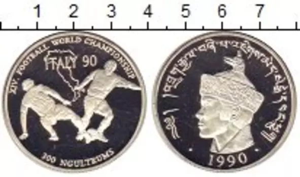 Монета 300 нгултрум Бутана 1990 года Серебро Чемпионат мира по футболу 90