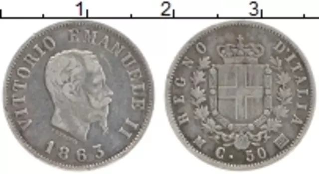 Монета 50 сентесим Италии 1863 года Серебро Виктор Эммануил II, год-тип