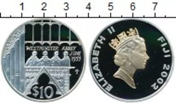 Монета 10 долларов Фиджи 2002 года Серебро Золотой юбилей