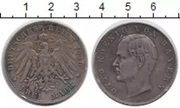 Монета 3 марки Баварии 1910 года Серебро Отто