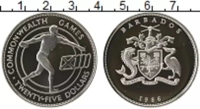Монета 25 долларов Барбадоса 1986 года Серебро Игры содружества, метание диска
