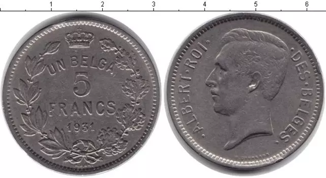 Монета 5 франков Бельгии 1931 года Медно-никель Альберт