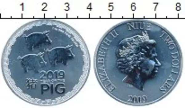 Монета 2 доллара Ниуэ 2019 года Серебро Год свиньи