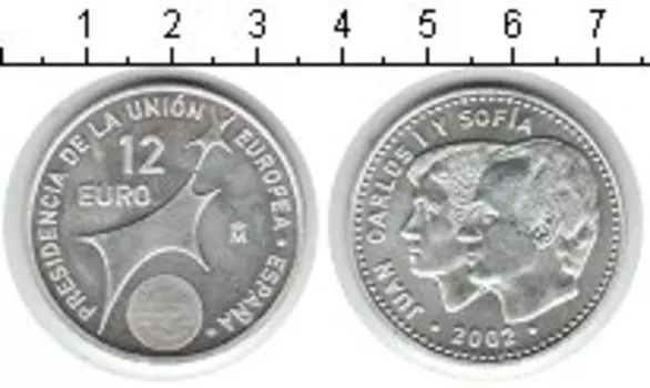 Монета 12 евро Испании 2002 года Серебро Хуан Карлос I и София