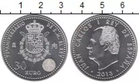 Монета 30 евро Испании 2013 года Серебро 75 - летие Короля Хуана Карлоса I