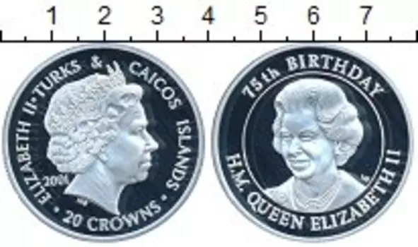 Монета 20 крон Теркc и Кайкоса 2001 года Серебро 75 лет Елизавете II