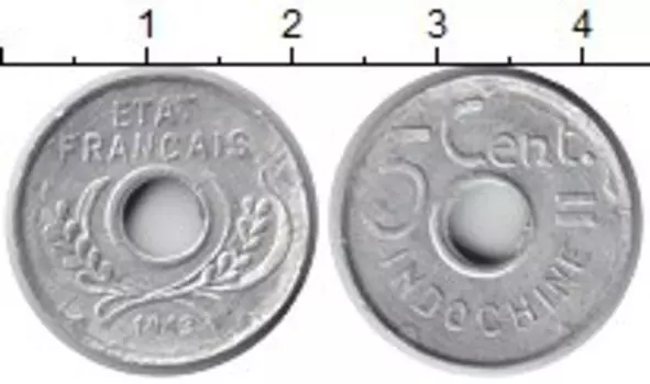 Монета 5 центов Индокитая 1943 года Алюминий Французский протекторат