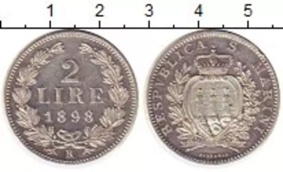 Монета 2 лиры Сан-Марино 1898 года Серебро номинал- герб