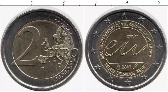 Монета 2 евро Бельгии 2010 года Биметалл Председательство Бельгии в Евросоюзе