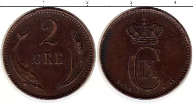 Монета 2 эре Дании 1891 года Медь Кристиан IХ
