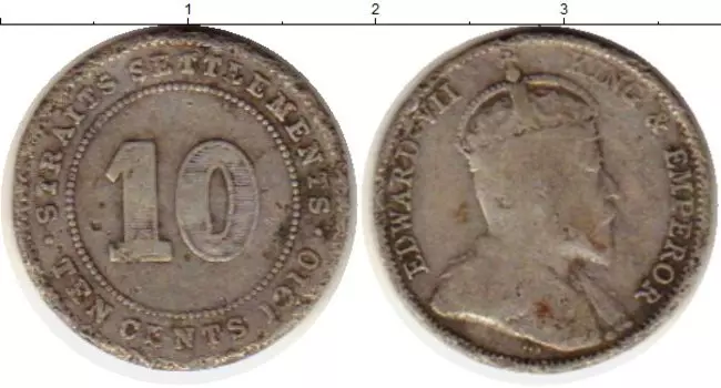 Монета 10 центов Стрейтс-Сеттльмента 1910 года Серебро Эдуард VII