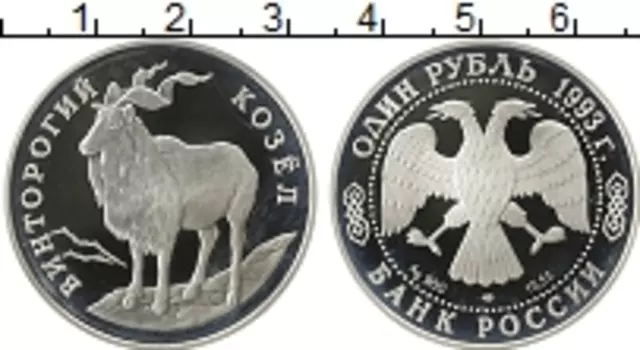 Монета рубль России 1993 года Серебро Винторогий козел