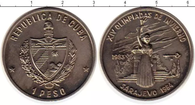 Монета песо Кубы 1983 года Медно-никель Олимпийские игры в Сараево,факел