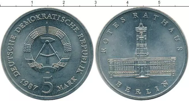 Монета 5 марок ГДР 1987 года Медно-никель Красная Ратуша