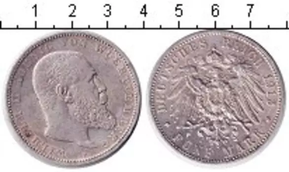 Монета 5 марок Вюртемберга 1913 года Серебро Вильгельм II
