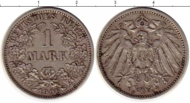 Монета марка Германии 1906 года Серебро F