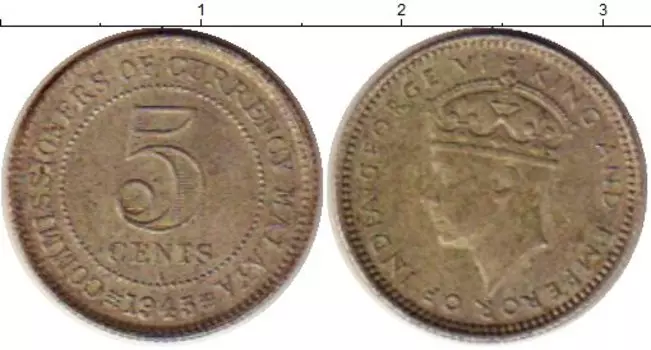 Монета 5 центов Малайи 1945 года Серебро Георг VI