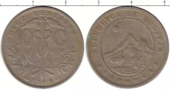 Монета 10 сентаво Боливии 1909 года Медно-никель