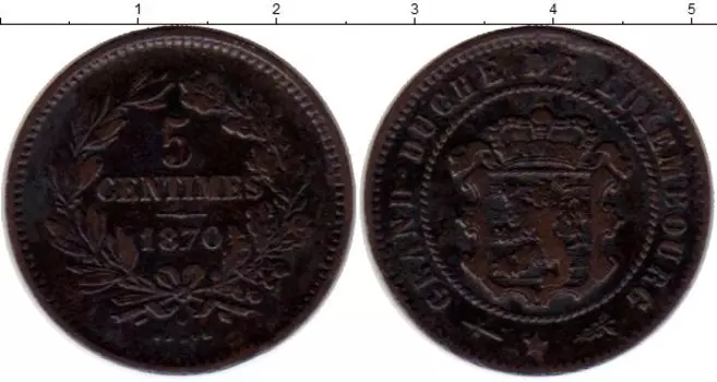 Монета 5 сантим Люксембурга 1870 года Медь