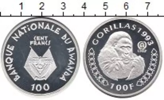 Монета 100 франков Руанды 1993 года Серебро Сохранение животного мира, горилла
