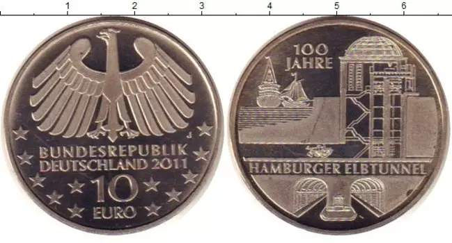 Монета 10 евро Германии 2011 года Медно-никель J 100 лет Гамбургскому туннелю под Эльбой