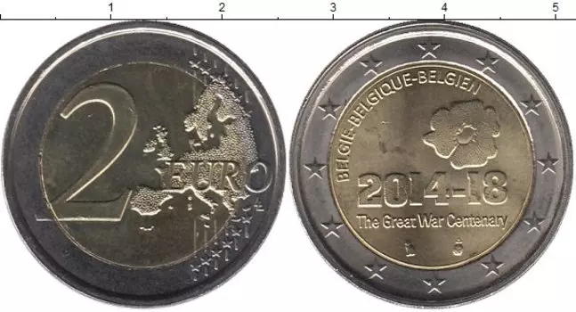 Монета 2 евро Бельгии 2014 года Биметалл 100 лет Первой мировой войне