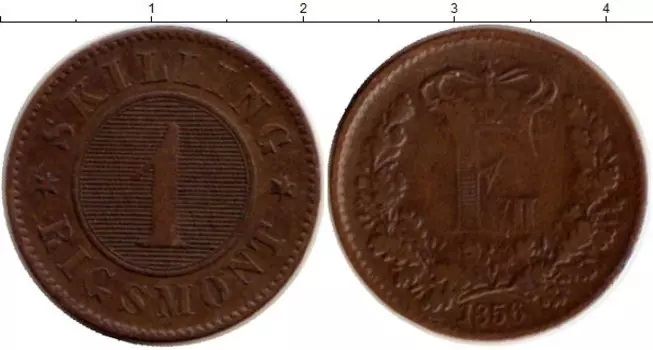 Монета скиллинг Дании 1856 года Бронза Фредерик VII