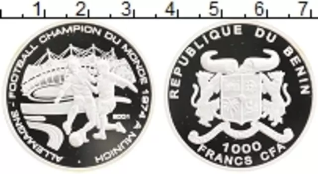 Монета 1000 франков Бенина 2001 года Серебро Чемпионат мира по футболу 1974