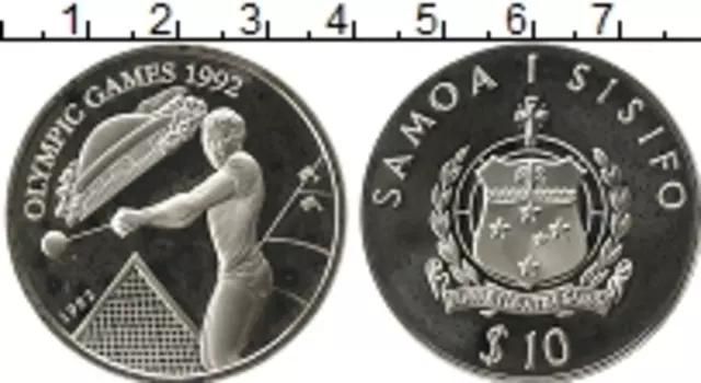 Монета 10 долларов Самоа 1992 года Серебро Олимпиада 1992 в Барселоне