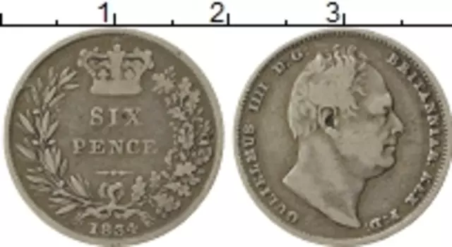 Монета 6 пенсов Англии 1834 года Серебро Вильгельм IV