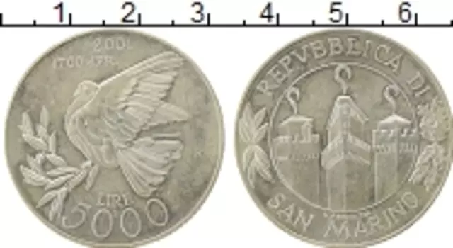 Монета 5000 лир Сан-Марино 2001 года Серебро Голубь Мира