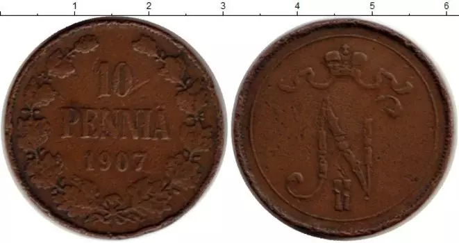 Монета 10 пенни Финляндии 1907 года Медь