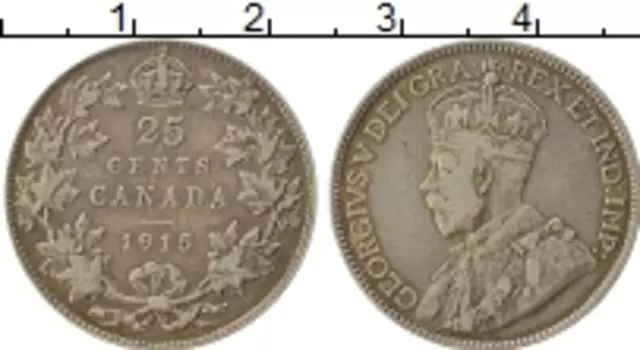 Монета 25 центов Канады 1915 года Серебро Георг V