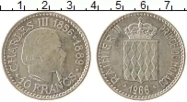 Монета 10 франков Монако 1966 года Серебро Чарльз III