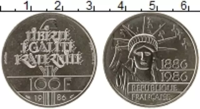 Монета 100 франков Франции 1986 года Серебро 100 лет Республике
