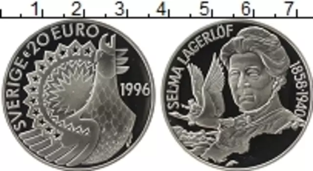 Монета 20 евро Швеции 1996 года Серебро Селма Лагерлёф