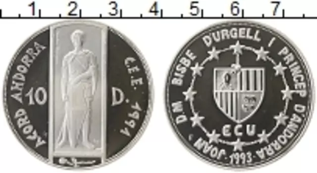 Монета 10 динерс Андорры 1993 года Серебро Таможенное объединение